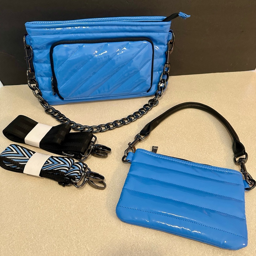 NWOT THINK ROYLN Bank Street XL Crossbody Sky Blue Patent +3 BONUS Purse Straps